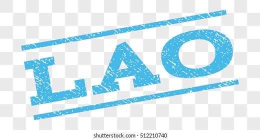 Lao watermark stamp. Text tag between parallel lines with grunge design style. Rubber seal stamp with dirty texture. Vector light blue color ink imprint on a chess transparent background.