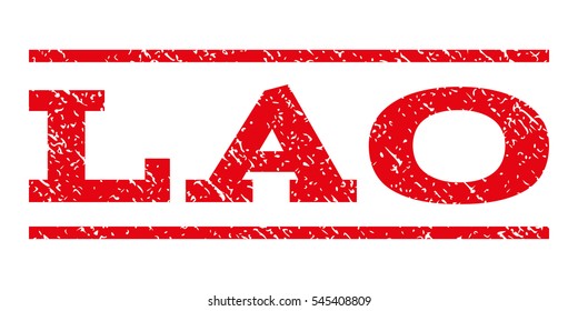 Lao watermark stamp. Text tag between horizontal parallel lines with grunge design style. Rubber seal stamp with scratched texture. Vector intensive red color ink imprint on a white background.