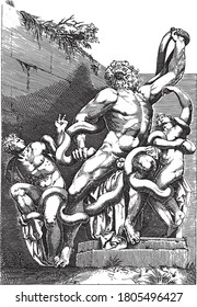 Laocoon Group, Giovanni Battista de'Cavalieri, 1584 Marble sculpture group of Laocoon and his sons attacked by two snakes. The sculpture group is shown in mirror image, vintage engraving.