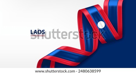 Laos 3D ribbon flag. Bent waving 3D flag in colors of the Laos national flag. National flag background design.