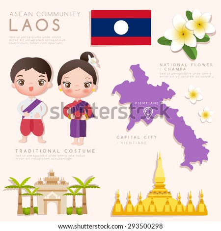 Laos : Asean Economic Community (AEC) Infographic with Traditional Costume, National Flower and Tourist Attractions : Vector Illustration EPS10