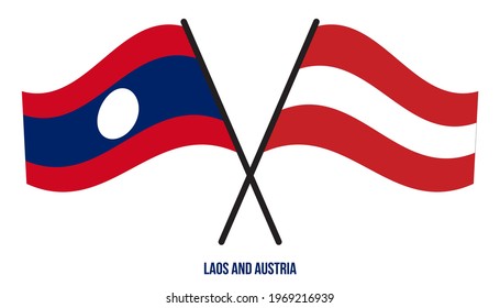 Laos and Austria Flags Crossed And Waving Flat Style. Official Proportion. Correct Colors.