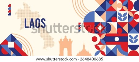 Laos Banner Design with map and national symbols, geometric shapes