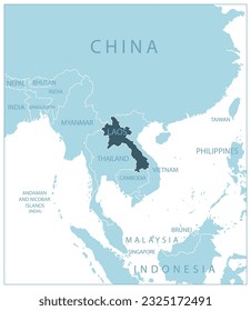 Laos - blue map with neighboring countries and names. Vector illustration