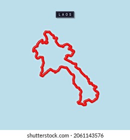Mapa de esquema en negrita de Laos. Borde rojo brillante con sombra suave. Placa de nombre de país. Ilustración vectorial.