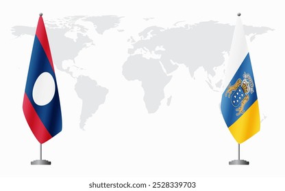 Bandeiras do Laos e das Ilhas Canárias para reunião oficial em segundo plano do mapa do mundo.