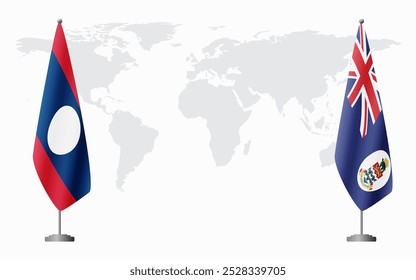 Flaggen der Laos und Cayman Islands für offizielle Treffen vor dem Hintergrund der Weltkarte.
