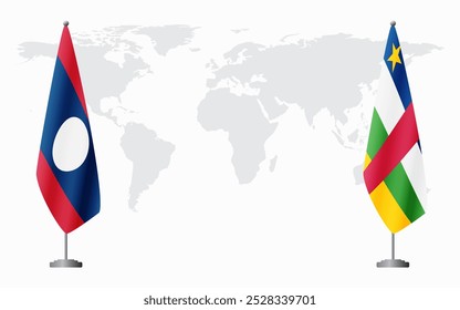 Laos and Central African Republic flags for official meeting against background of world map.