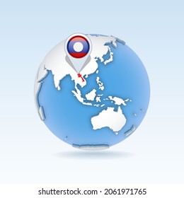 Laos - country map and flag located on globe, world map. 3D Vector illustration