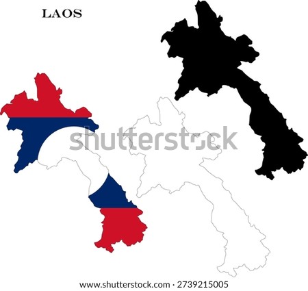 Laos Country Maps Bundle with National Flag, Black Silhouette and Detailed Outline Contours