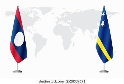 Banderas de Laos y Curazao para reunión oficial con antecedentes del mapa mundial.