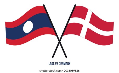 Banderas de Laos y Dinamarca Cruzadas y ondeando estilo plano. Proporción oficial. Colores correctos.