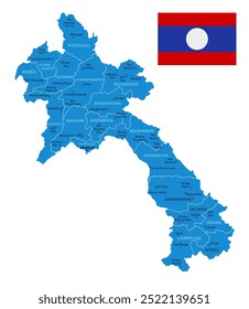Laos - detailed blue country map with cities and regions. Vector illustration.