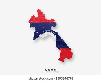 Laos detailed map with flag of country. Painted in watercolor paint colors in the national flag.