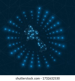 Laos digital map. Glowing rays radiating from the country. Network connections and telecommunication design. Vector illustration.