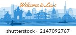 Laos famous landmark silhouette style behind river and boat and in front of towers,vector illustration