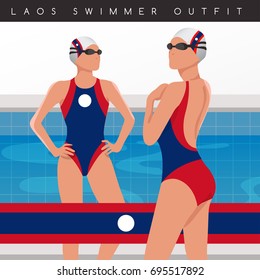 Laos : Female Swimmers : Swimmers in National Swimsuits : Vector Illustration