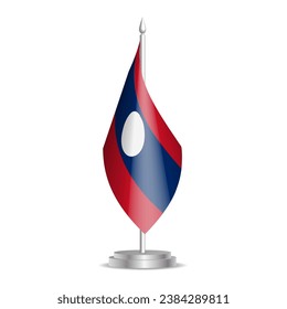 Laos flag - 3D mini flag hanging on desktop flagpole. Usable for summit or conference presentaiton. Vector illustration with shading.