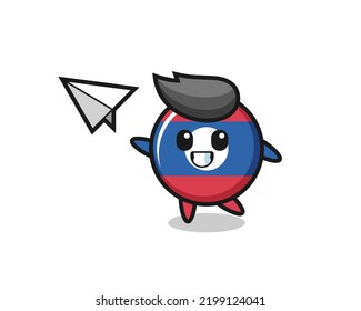 laos flag badge cartoon character throwing paper airplane , cute design