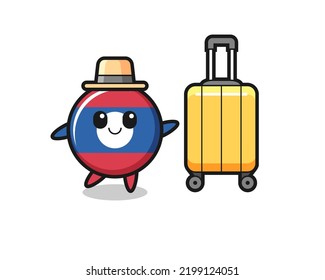 laos flag badge cartoon illustration with luggage on vacation , cute design