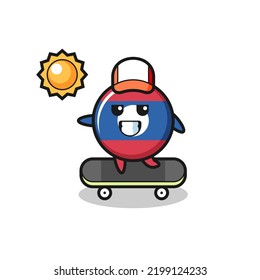 laos flag badge character illustration ride a skateboard , cute design