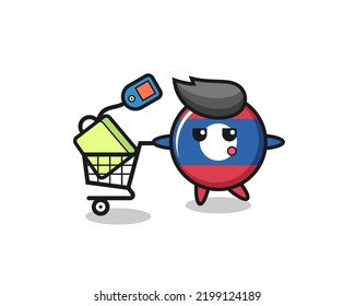 laos flag badge illustration cartoon with a shopping cart , cute design