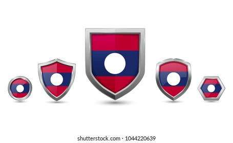 Laos flag badges set with different silver shape shield, circle and hexagon