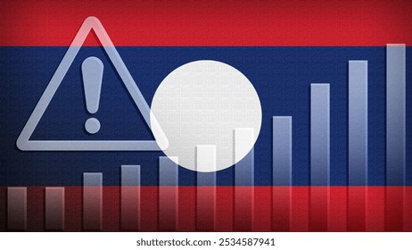 Laos flag with burlap texture, warning sign, and rising bar chart symbolizing increasing risk or growth challenges in the country. Ideal for data presentations.