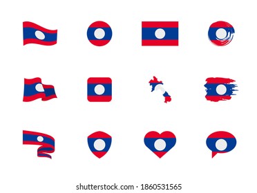 Laos flag - flat collection. Flags of different shaped twelve flat icons. Vector illustration set