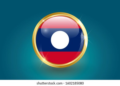 Laos flag in the form of a circle, can be used for independence day or other events. Laos icon gold glossy badge button with Laos flag and shadow on light background. vector illustration. EPS 10.
