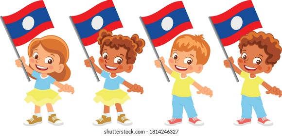 Laos flag in hand. Children holding flag. National flag of Laos vector