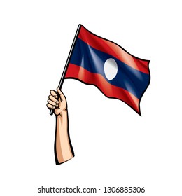 Laos flag and hand on white background. Vector illustration