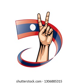 Laos flag and hand on white background. Vector illustration