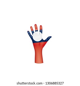 Laos flag and hand on white background. Vector illustration