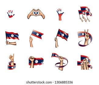 Laos flag and hand on white background. Vector illustration