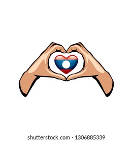 Laos flag and hand on white background. Vector illustration