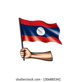 Laos flag and hand on white background. Vector illustration