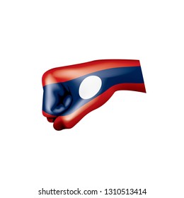 Laos flag and hand on white background. Vector illustration