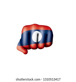 Laos flag and hand on white background. Vector illustration