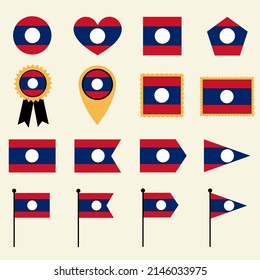 Laos flag icon set in 16 shape versions. Collection of Laos flag icons with square, circle, heart, triangle, medal, stamp and location shapes.