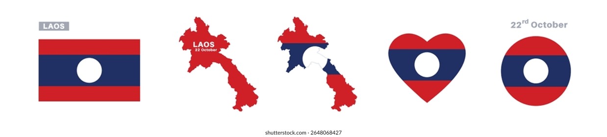 bandeira e mapa do laos. bandeira do laos em cores e proporções oficiais. dia da independência 22 de outubro , mapa, círculo e coração em forma de laos