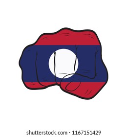 Laos flag on a clenched fist. Strength, Power, Protest concept