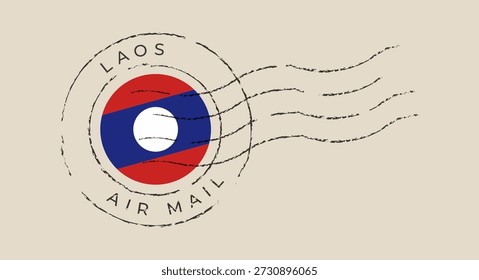 Carimbo postal da bandeira do Laos estampado em papel vintage com texto grunge Air Mail para uma ilustração vetor de viagem nostálgica.