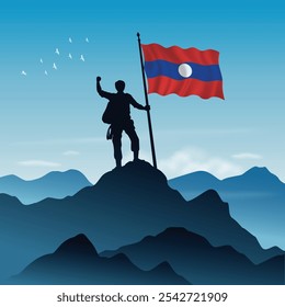 Bandeira do Laos levantada em um pico de montanha com céu claro no fundo, ilustração vetorial