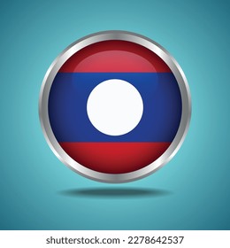 La bandera de Laos. Redondo brillante. Marco plateado. Aislado en el fondo del degradado de color