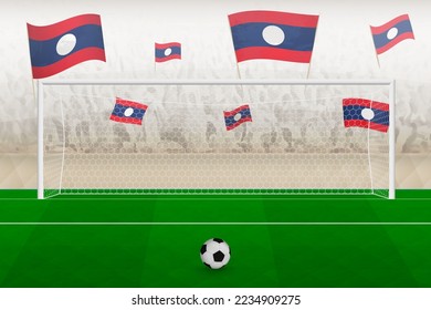 Laos football team fans with flags of Laos cheering on stadium, penalty kick concept in a soccer match. Sports vector illustration.