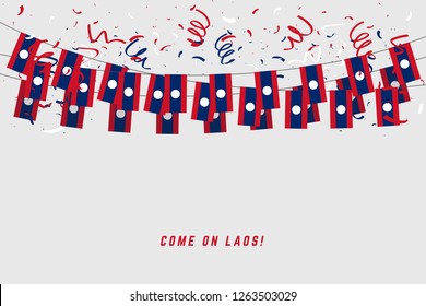 Laos garland flag with confetti on white background, Hang bunting for Laos celebration template banner.