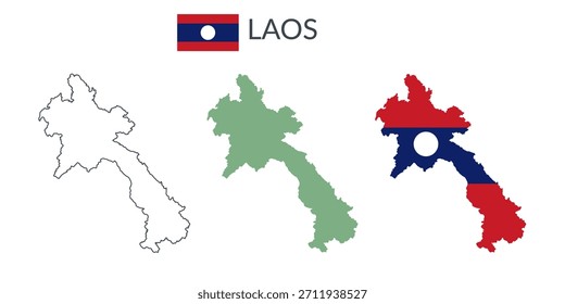 Fronteiras geográficas do Laos isoladas sobre fundo branco. Bandeira do Laos. Cliparts planas vetoriais.