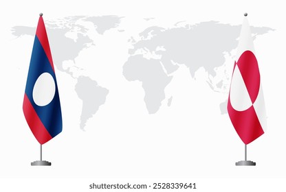 Laos and Greenland flags for official meeting against background of world map.