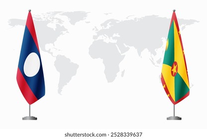 Bandeiras do Laos e de Granada para reunião oficial contra o fundo do mapa do mundo.
